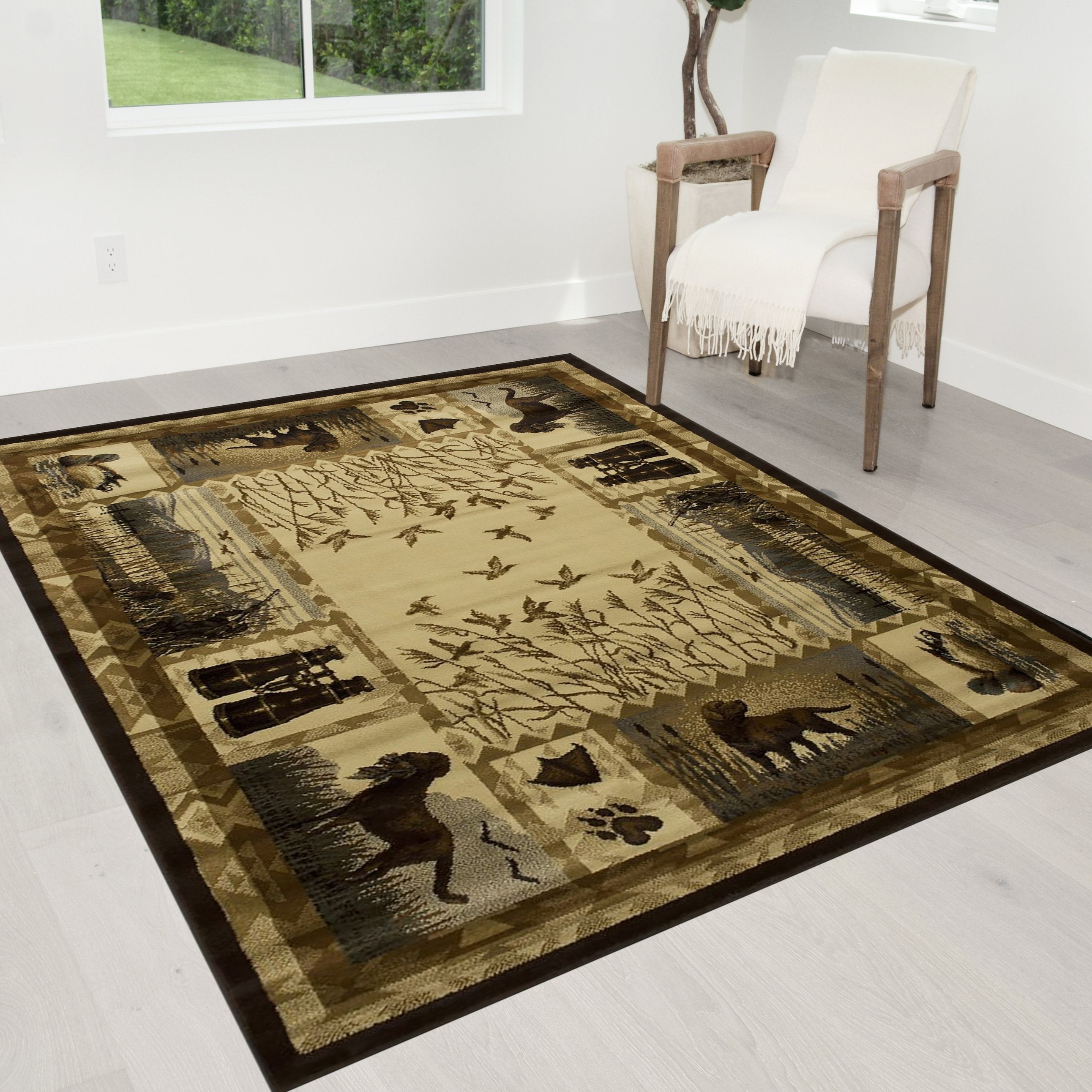 Rustic area rug with hunting dogs and ducks design