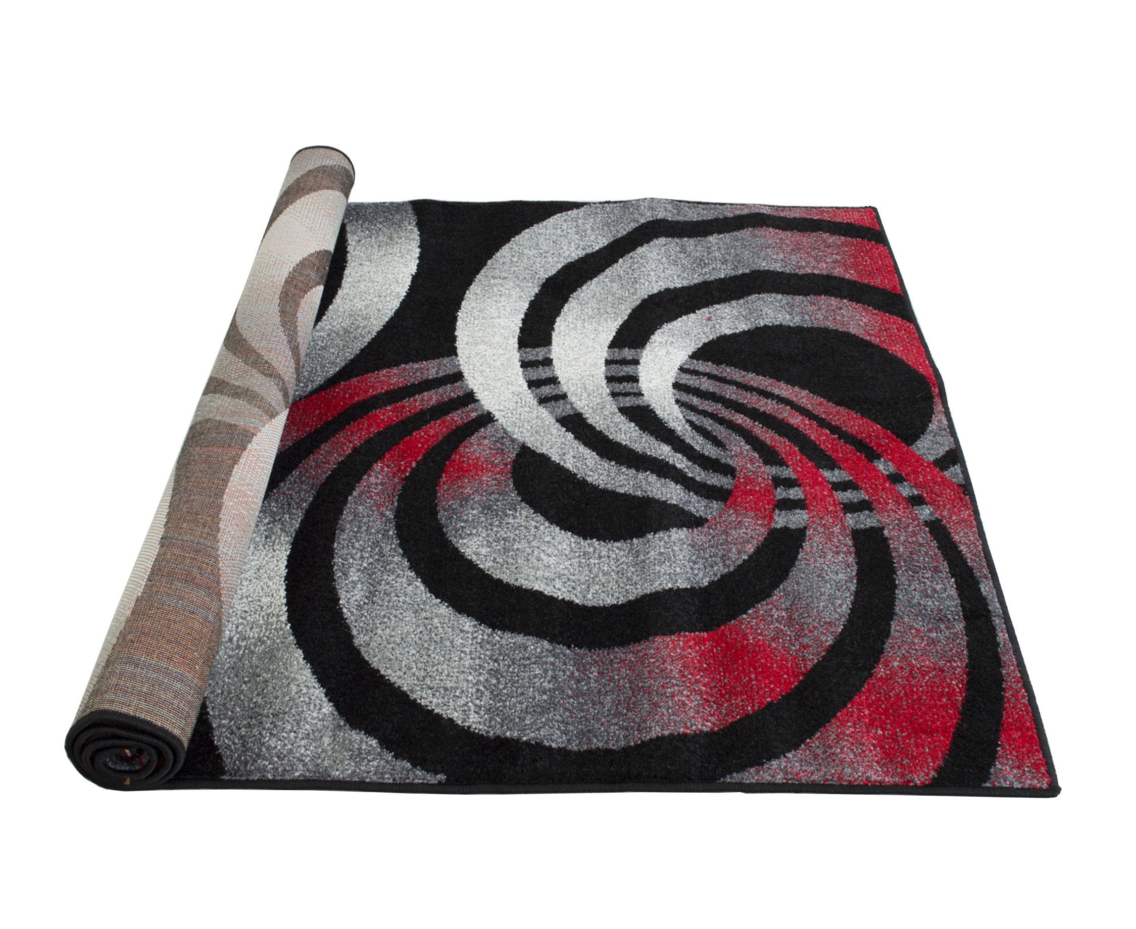 Spiral Distressed Rugs - Black and White Design with Red Highlights