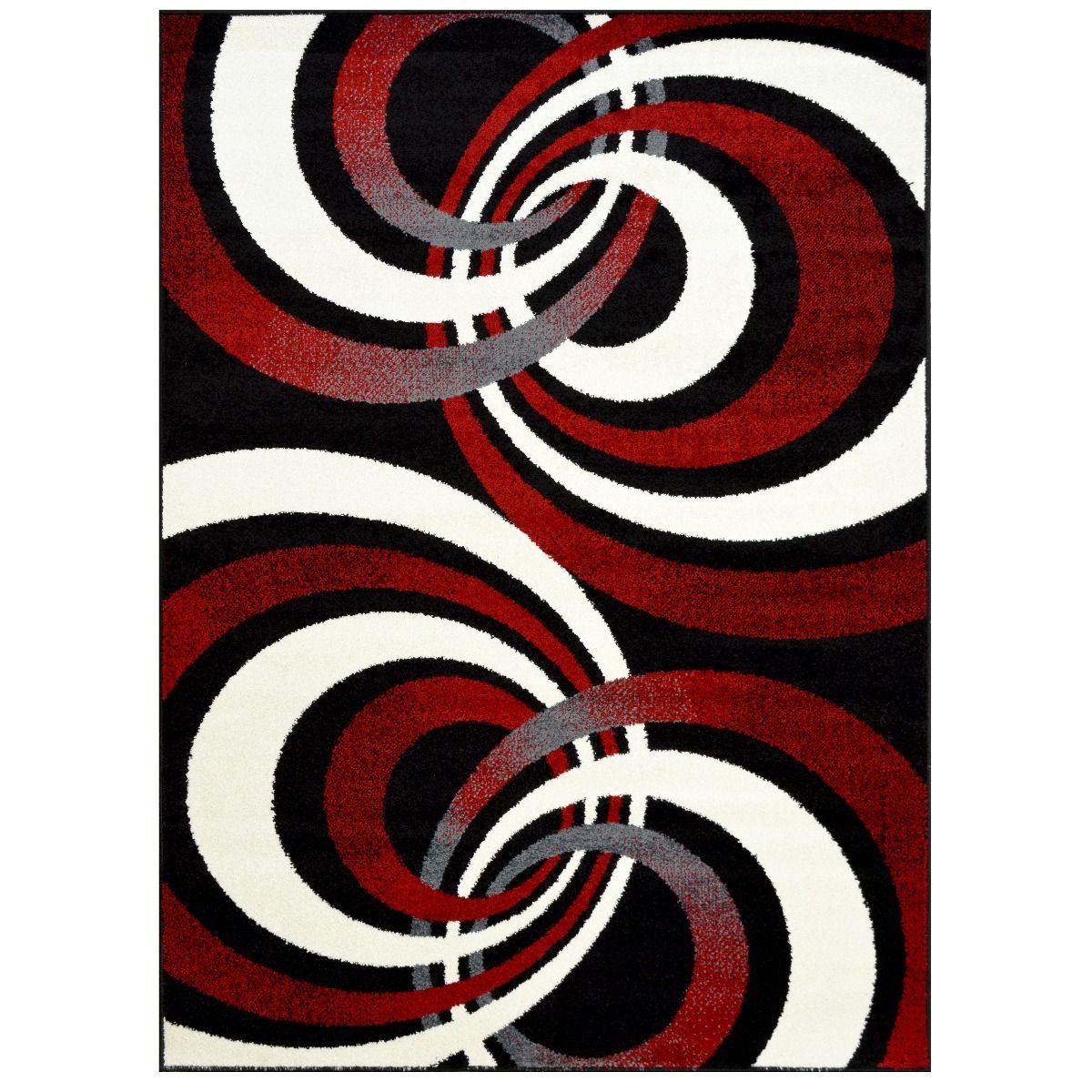 Spiral Distressed Rugs - Black and White Design with Red Highlights