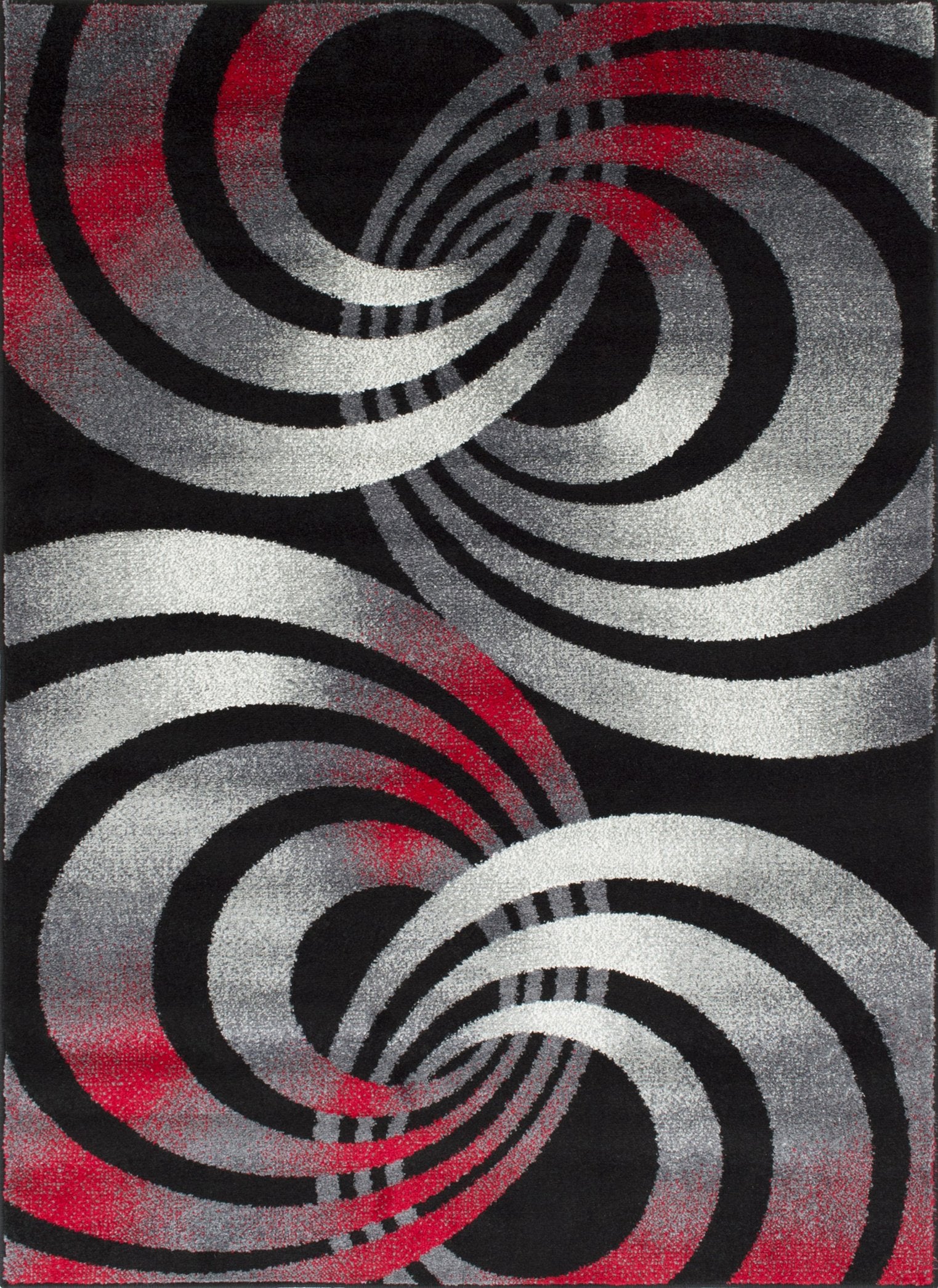Spiral Distressed Rugs - Black and White Design with Red Highlights
