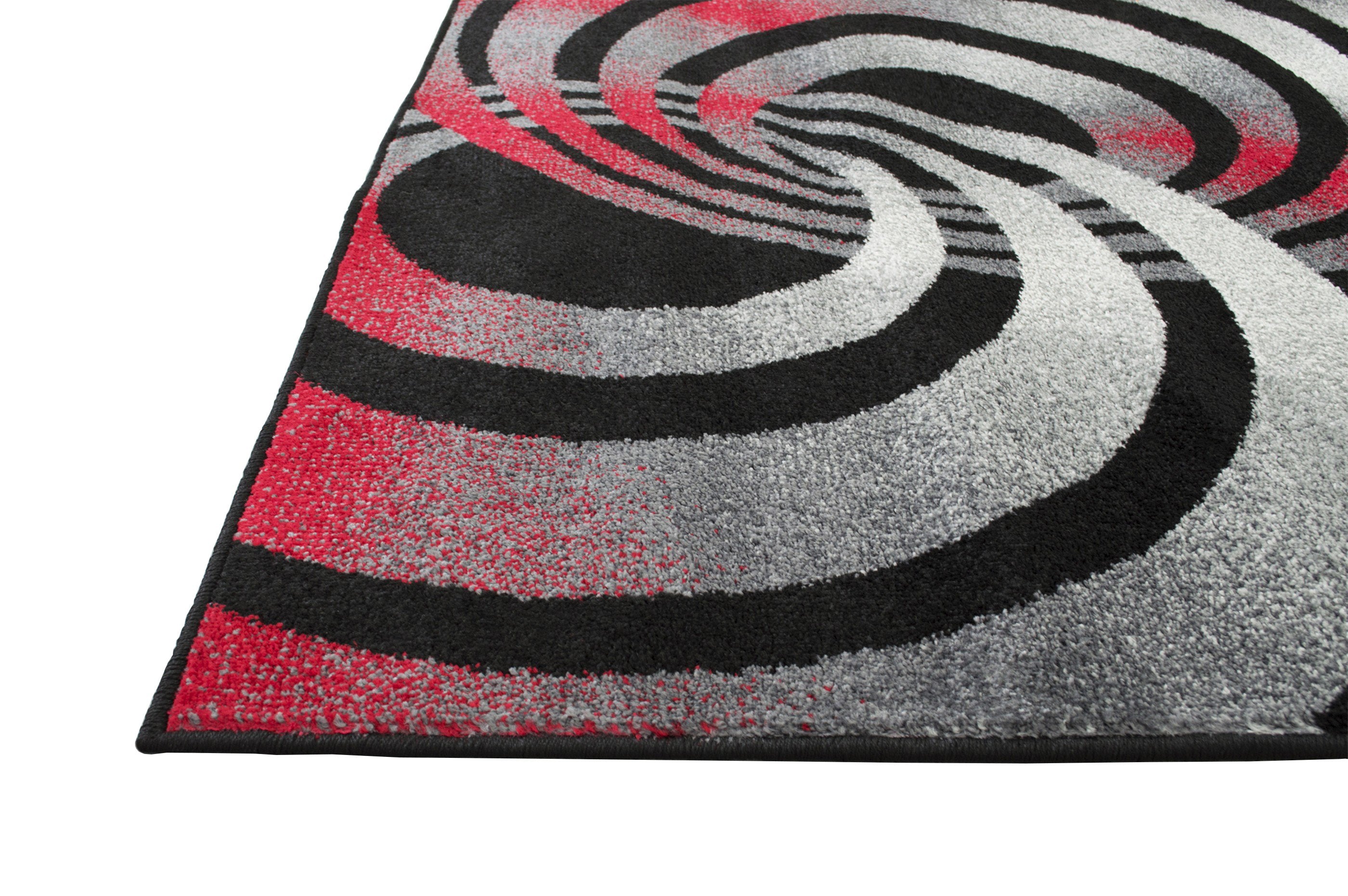 Spiral Distressed Rugs - Black and White Design with Red Highlights