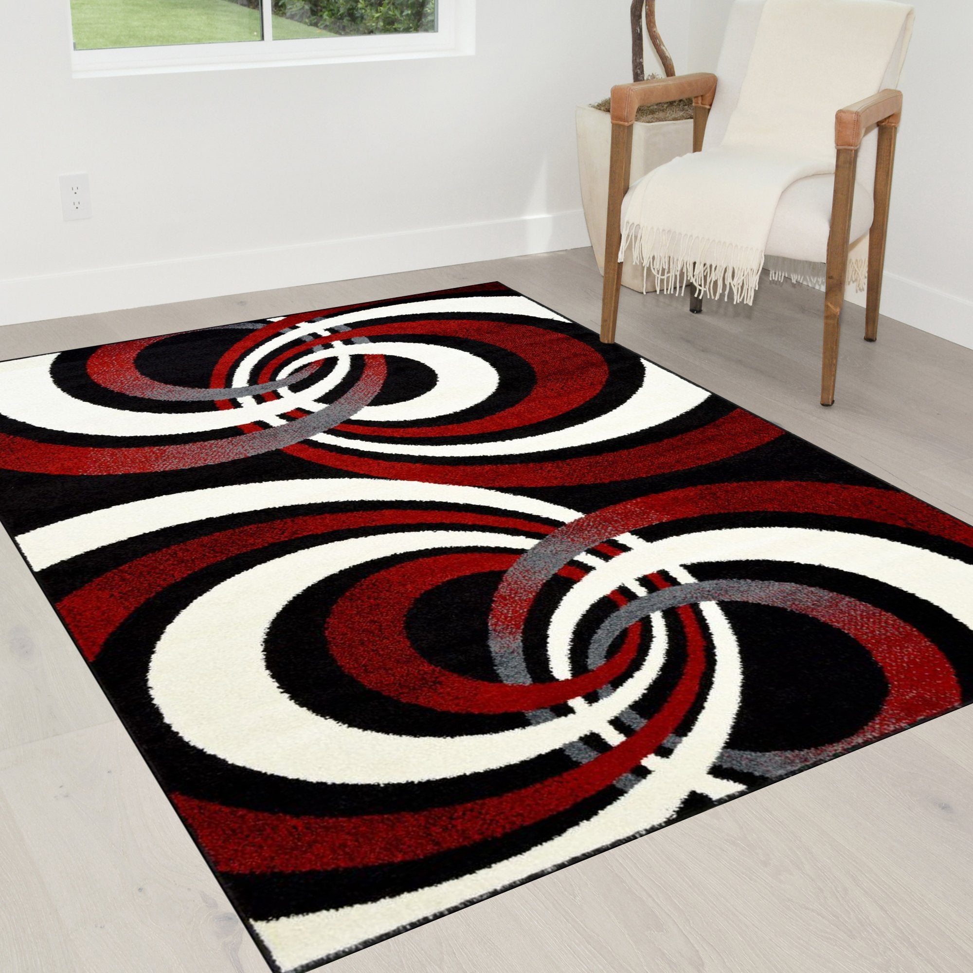 Spiral Distressed Rugs - Black and White Design with Red Highlights