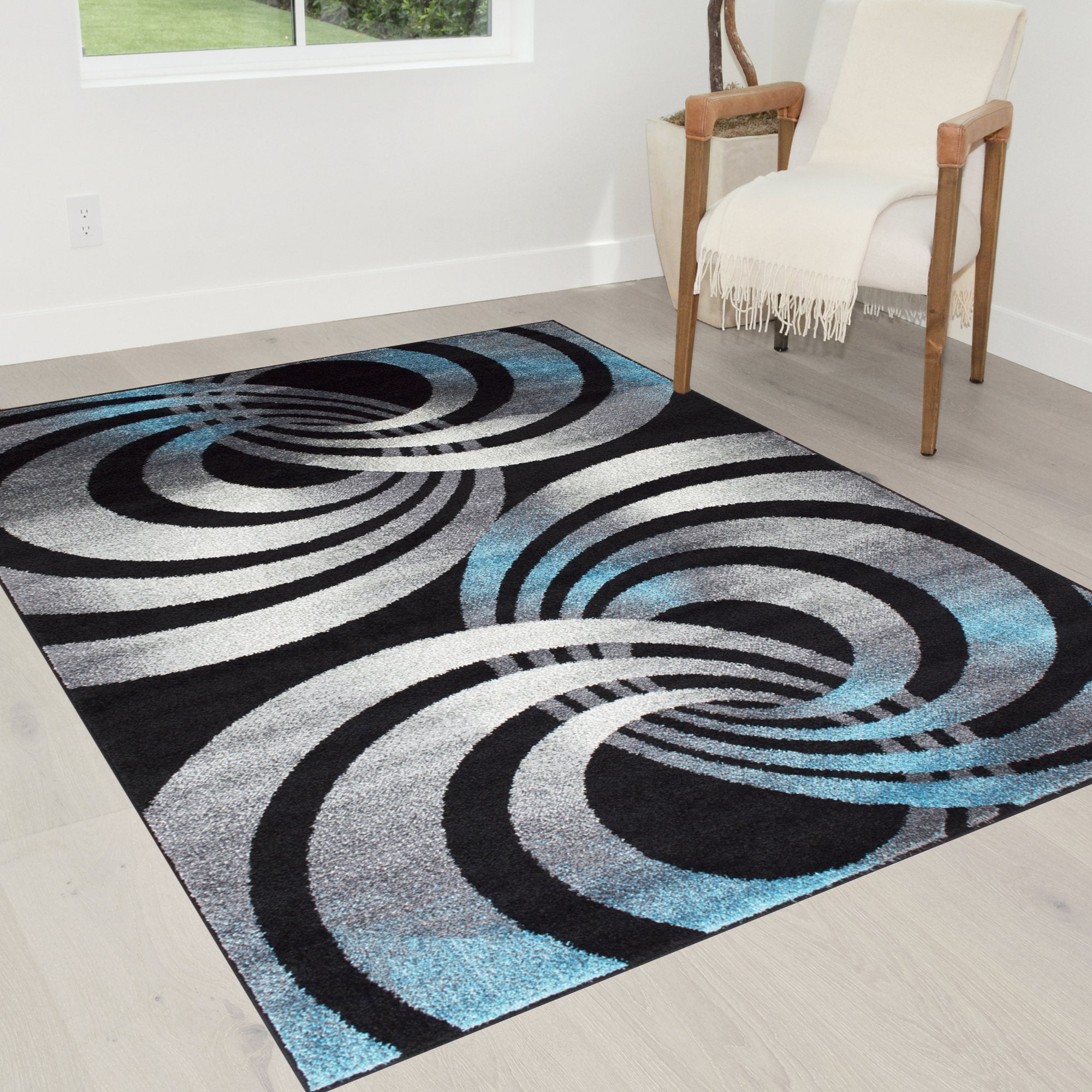 Spiral Distressed Rugs - Black and White Design with Red Highlights