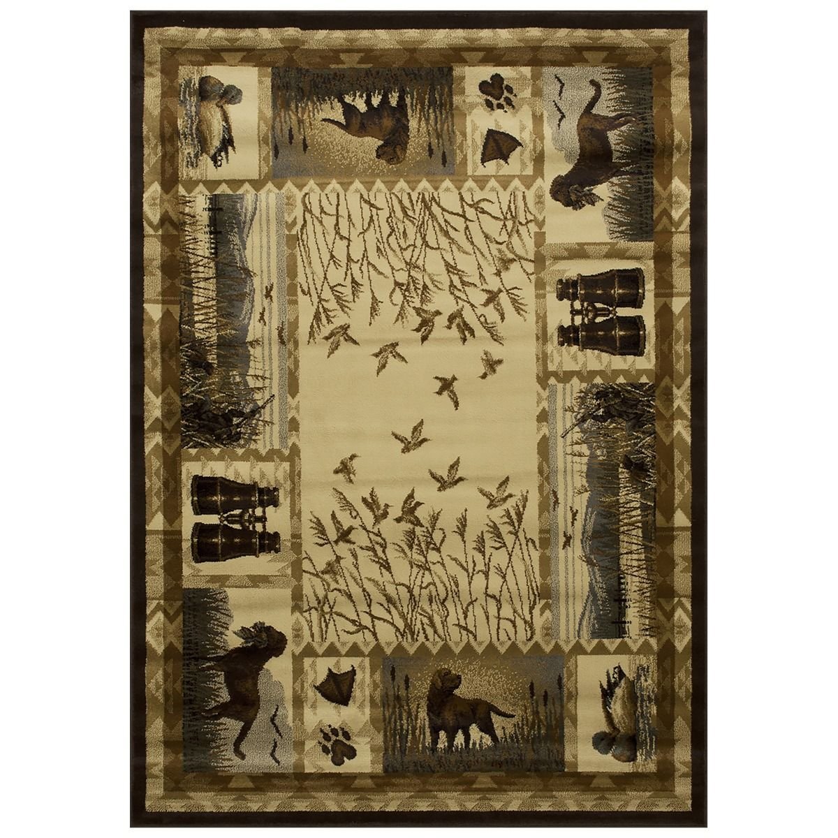 Outdoor Adventure Rug – Hunting Dogs, Ducks, and Magnifier Design