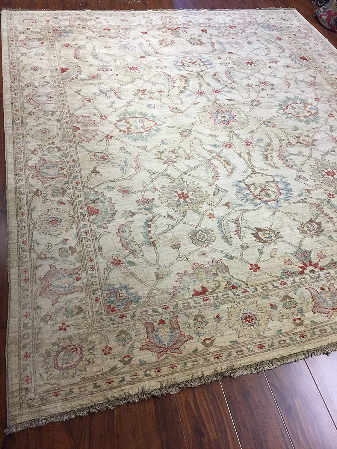 Authentic Handmade fine Pakistan Rug-Real Wool Ziegler Pattern Faded/Vintage-Beige/Multi-(8.1 by 9.4 Feet)