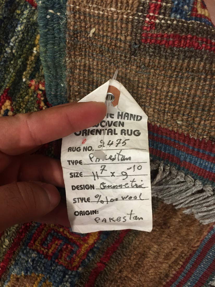 Authentic Handmade fine Pakistan Rug-Wool Ziegler/Geometric Faded/Vintage-Hunter Green/Brown/Multi-(9.10 by 11.7 Feet)