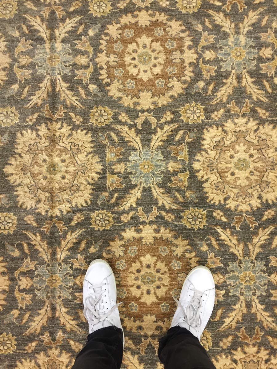 Authentic Hand-Knotted Pakistani Rug-Allover Floral-Olive/Gray-(11.10 by 14.9 Feet)