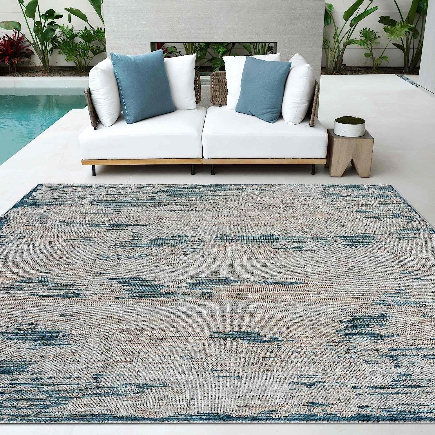 Abstract waterproof outdoor rug with neutral color tones