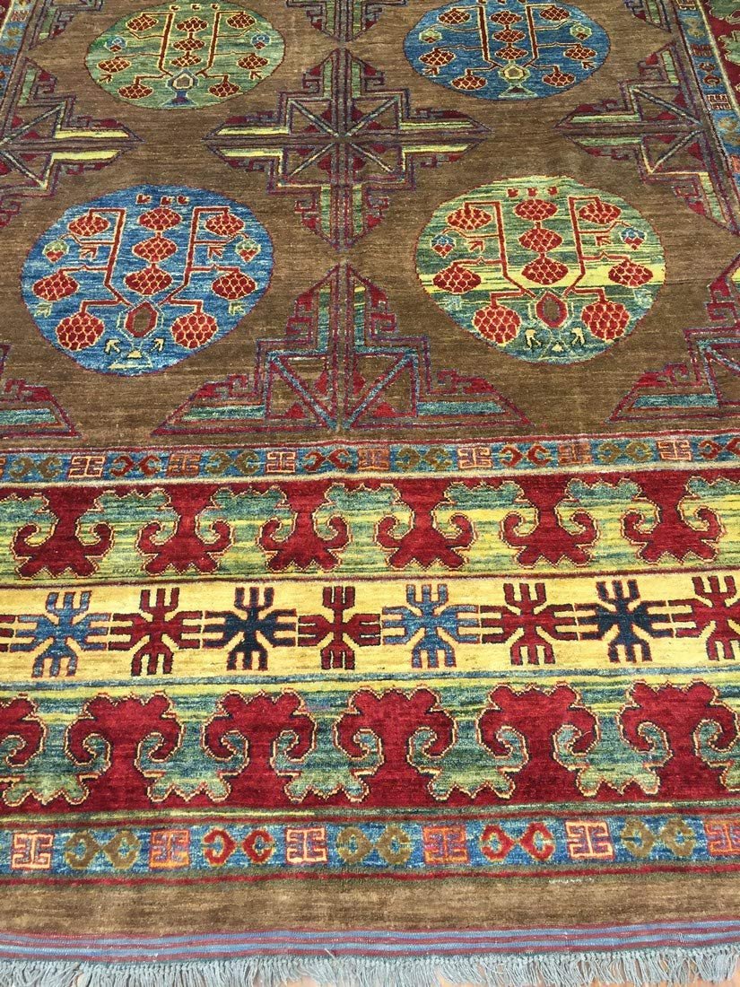 Authentic Handmade fine Pakistan Rug-Wool Ziegler/Geometric Faded/Vintage-Hunter Green/Brown/Multi-(9.10 by 11.7 Feet)