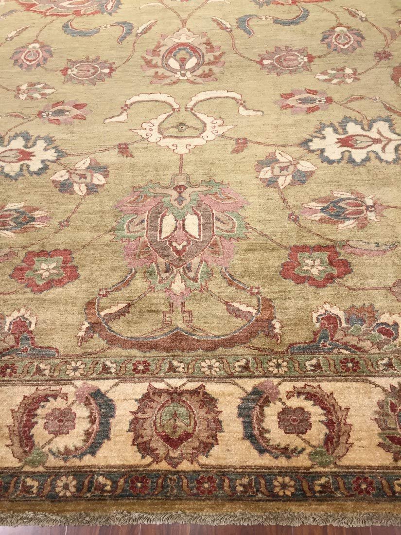 Authentic Wool Handmade Pakistan Area Rug Floral Ziegler Faded-Sage/Beige/Burgundy-(9 by 12 Feet)