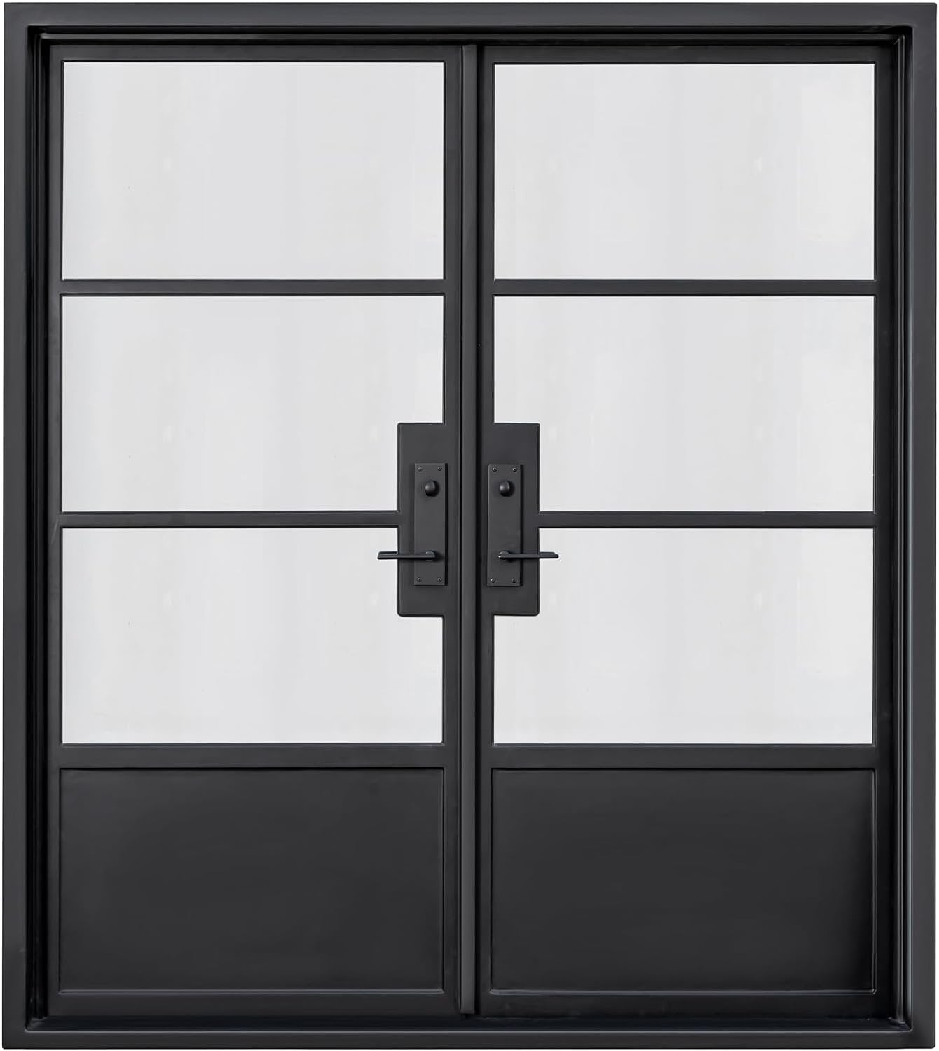 HR 72x81 Matte Black French Iron Double Door Made of Steel | 3-Lite with kickplate Left outswing Entryway | Complete with Handle and Lock | Modern Front View Design.
