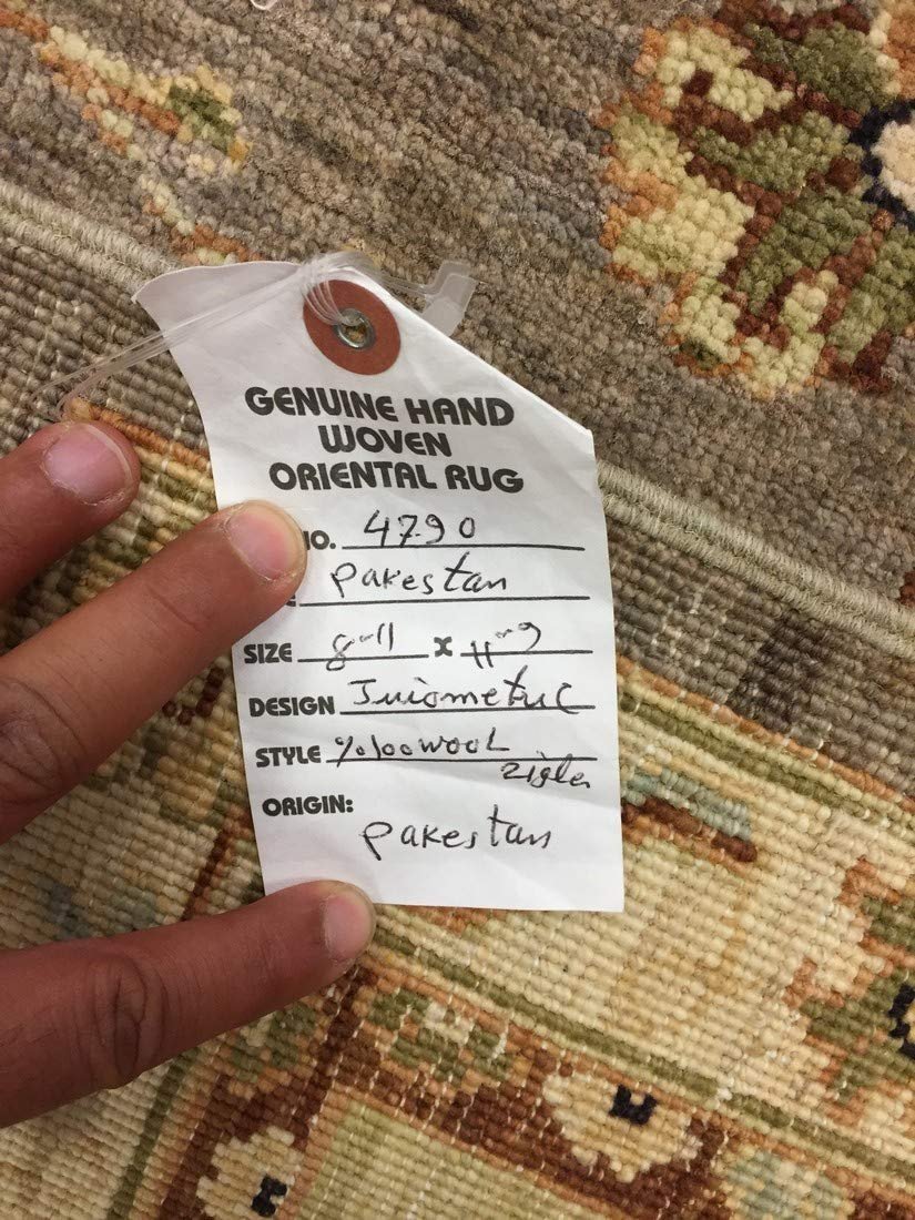 Authentic Handmade fine Pakistan Rug-Wool Ziegler/Geometric Faded/Vintage-Gray/Green/Multi-(8.11 by 11.9 Feet)