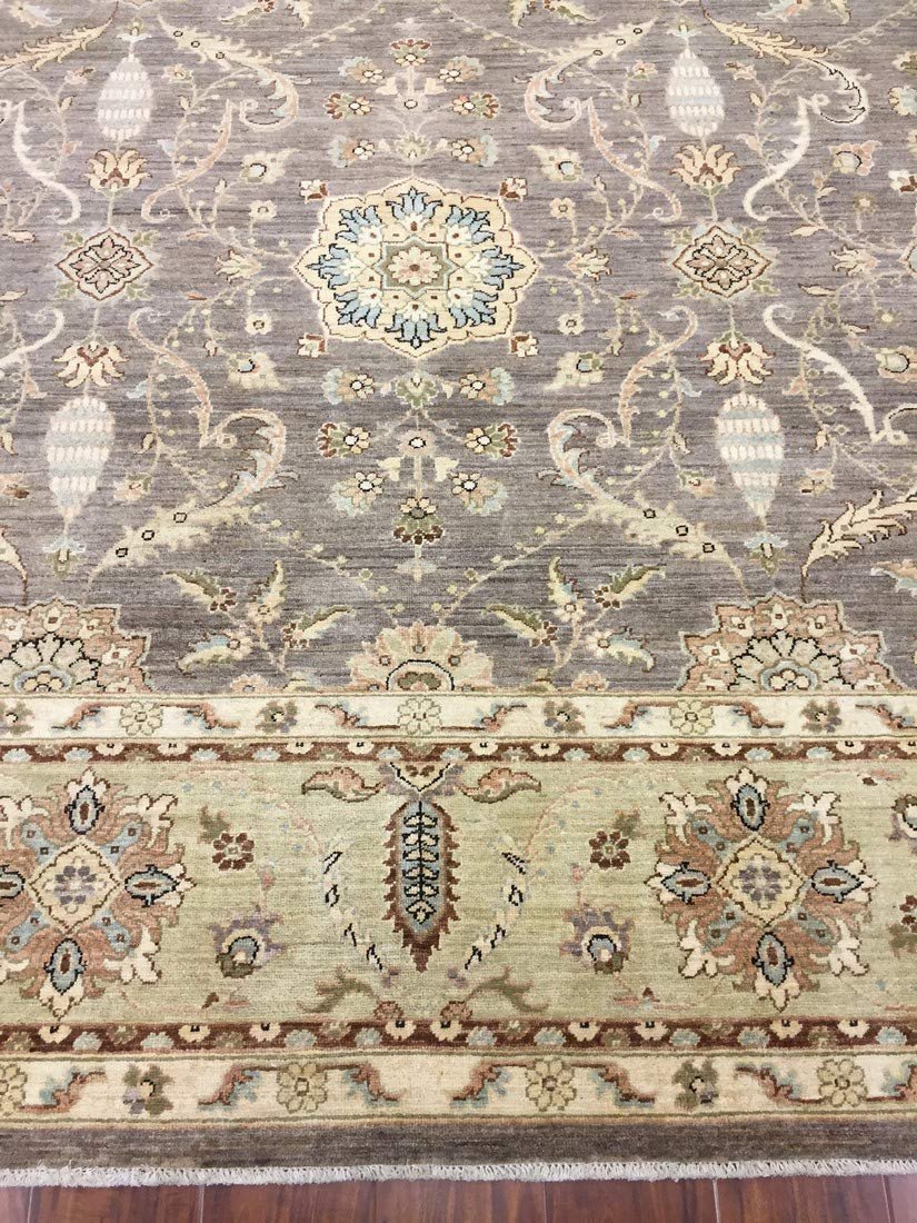 Authentic Handmade fine Pakistan Rug-Wool Ziegler/Geometric Faded/Vintage-Gray/Green/Multi-(8.11 by 11.9 Feet)