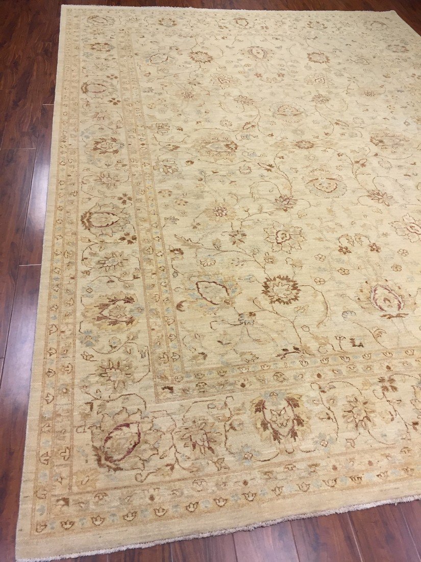Authentic Handmade fine Pakistan Rug-Real Wool Allover Stone Washed-Ivory/Multi-(8.9 by 12.1 Feet)