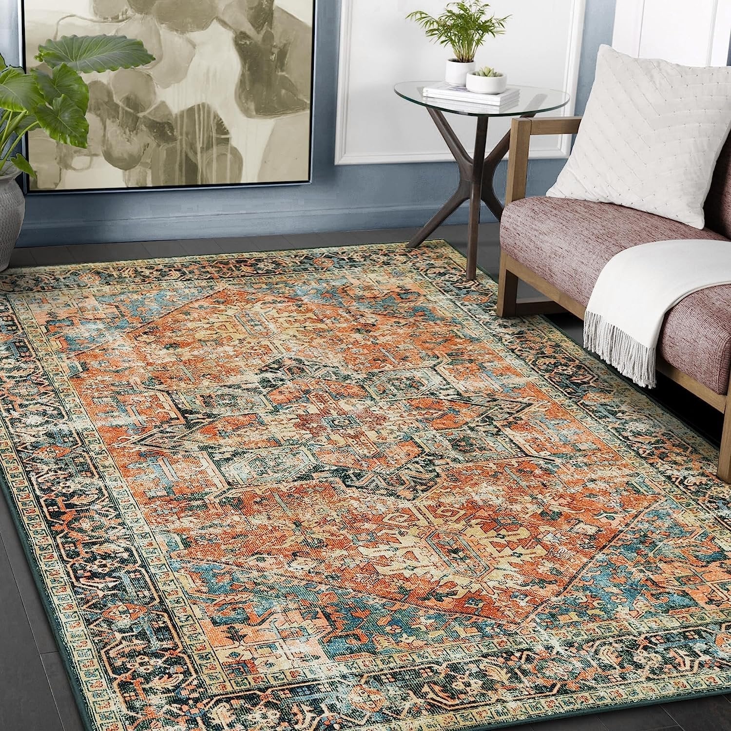 Handcraft Rugs HR Print Bohemian Area Rug - Non-Slip Rubber Backing, Traditional Pattern, Flat Texture, Polyester - 5' x 7