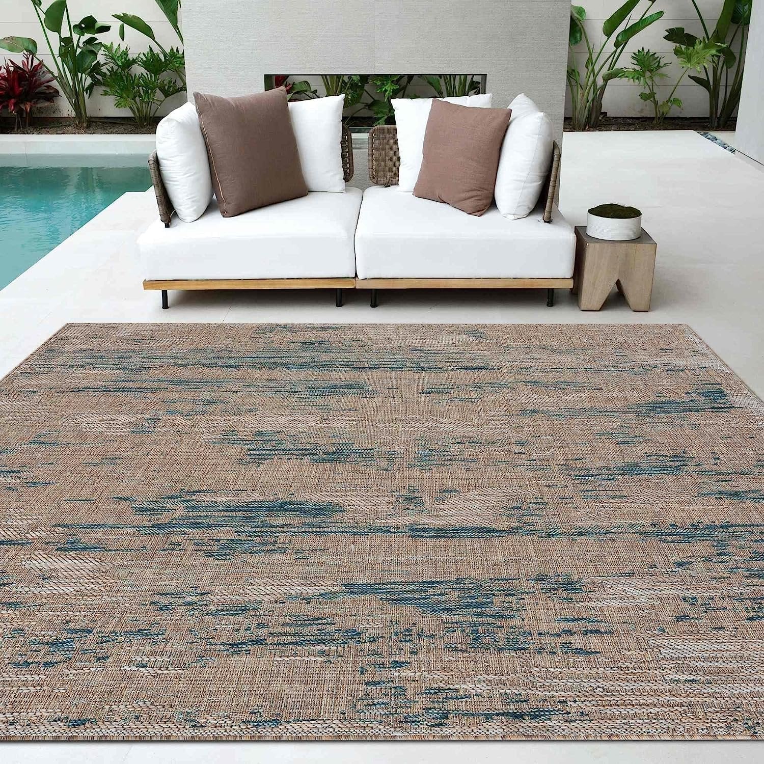 Abstract waterproof outdoor rug with neutral color tones