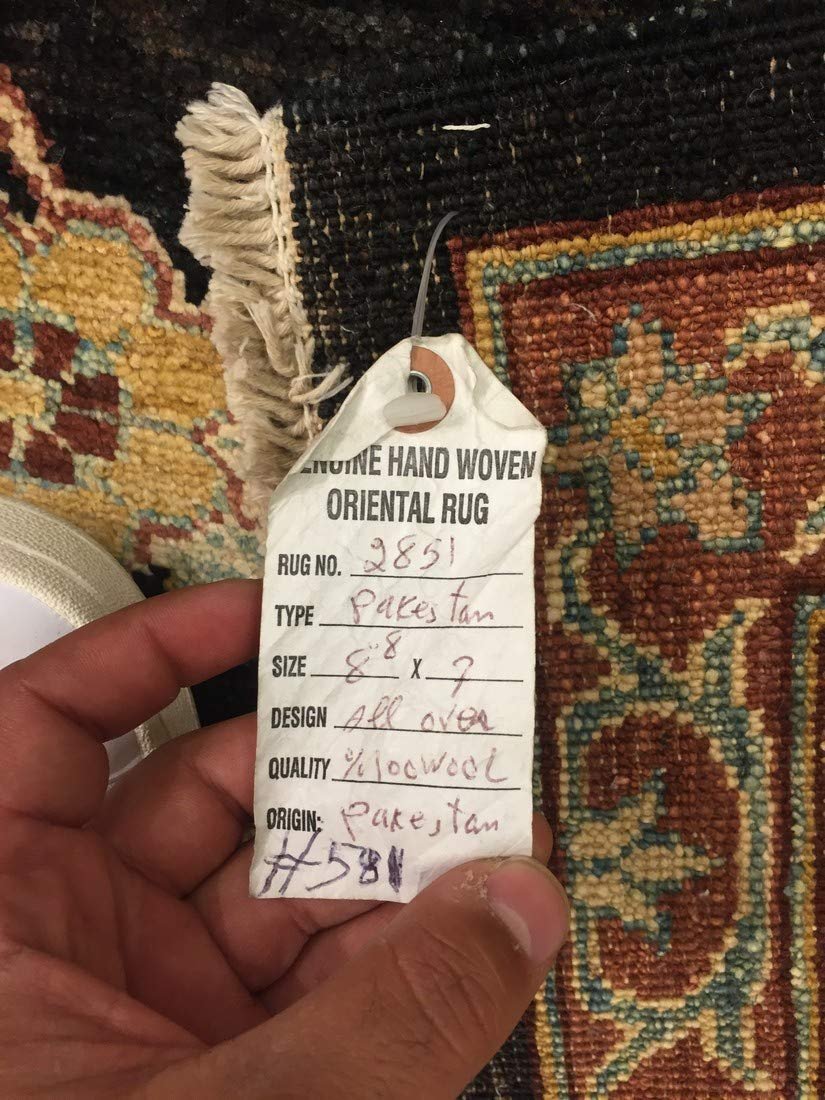 Authentic Handmade fine Pakistani Rug-Wool Allover/Floral Pattern-Black/Gold/Multi-(7 by 8.8 Feet)