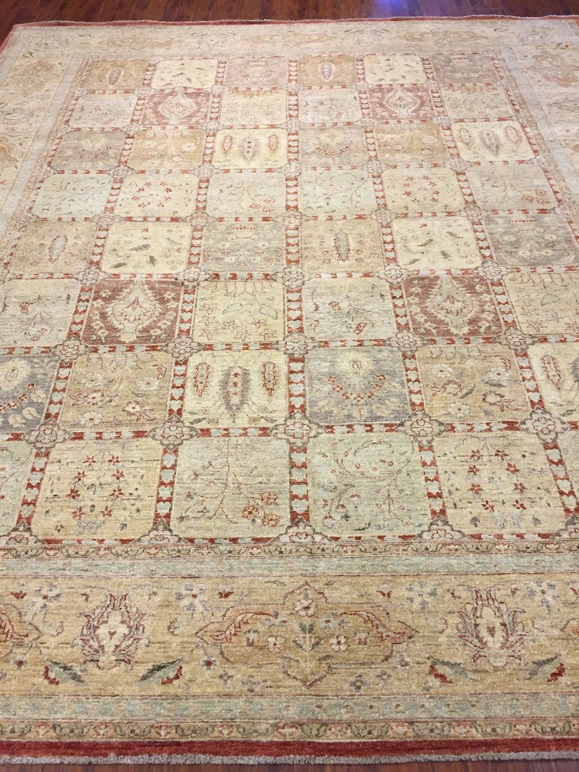 Authentic Handmade fine Pakistan Rug-Real Wool Ziegler/Geometric Pattern Faded/Vintage-Rust/Gold/Multi-(9 by 10.7 Feet)