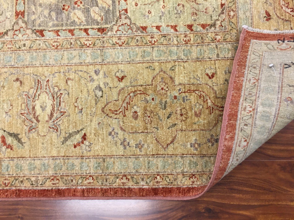 Authentic Handmade fine Pakistan Rug-Real Wool Ziegler/Geometric Pattern Faded/Vintage-Rust/Gold/Multi-(9 by 10.7 Feet)