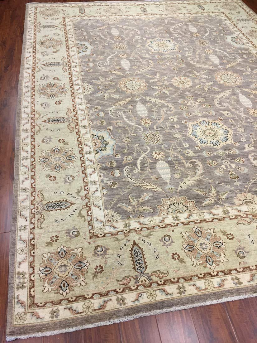 Authentic Handmade fine Pakistan Rug-Wool Ziegler/Geometric Faded/Vintage-Gray/Green/Multi-(8.11 by 11.9 Feet)