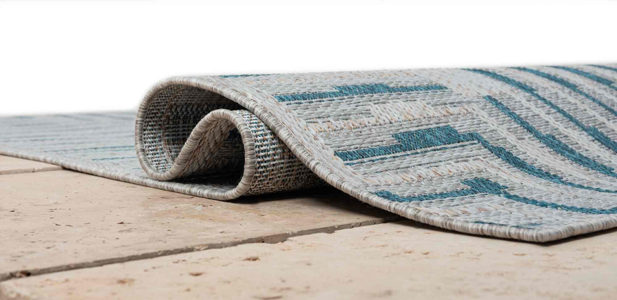 Outdoor Rug for Patio or Porch – Waterproof, Stain-Proof – Geometric Stripes in Blue, Beige, Gray
