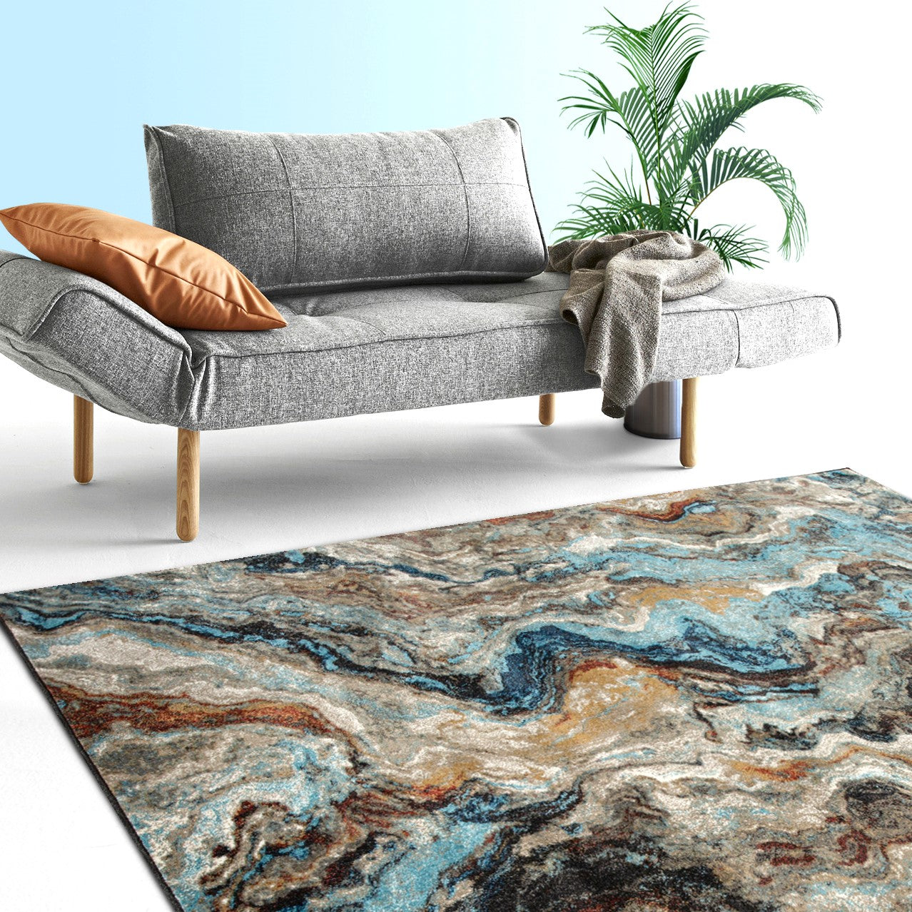 Stylish turquoise and burgundy marble rug. Washable, non-slip, and foldable. Available in 3 sizes. Perfect for any space