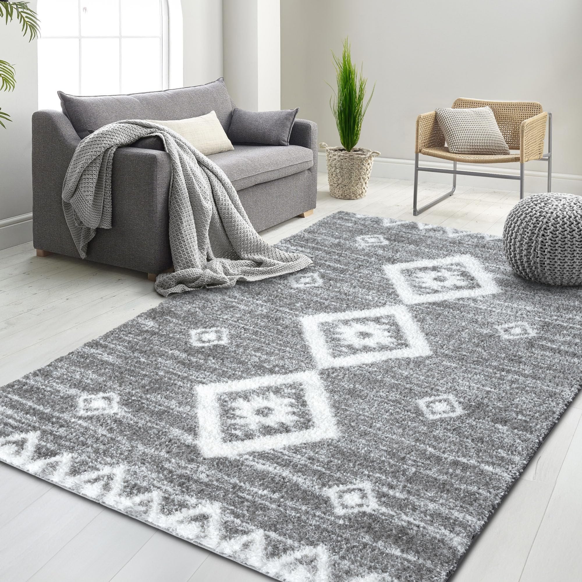 HR Ultra-Soft Shaggy Area Rug with Southwestern Diamond Pattern – Chocolate Brown and White, Plush 1-Inch Pile, Easy Clean, Quick Crease Recovery – Ideal for Living Room, Bedroom