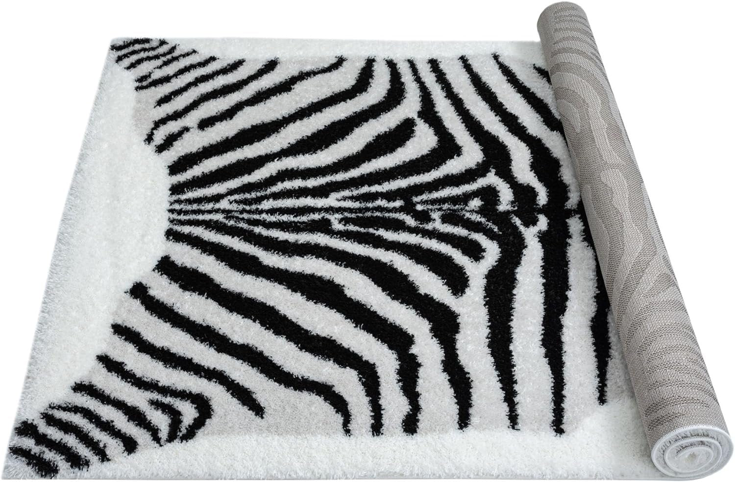 HR Plush Black & White Zebra Pattern Shag Rug - Thick Pile, High-End, Soft & Cozy Floor Carpet #26225