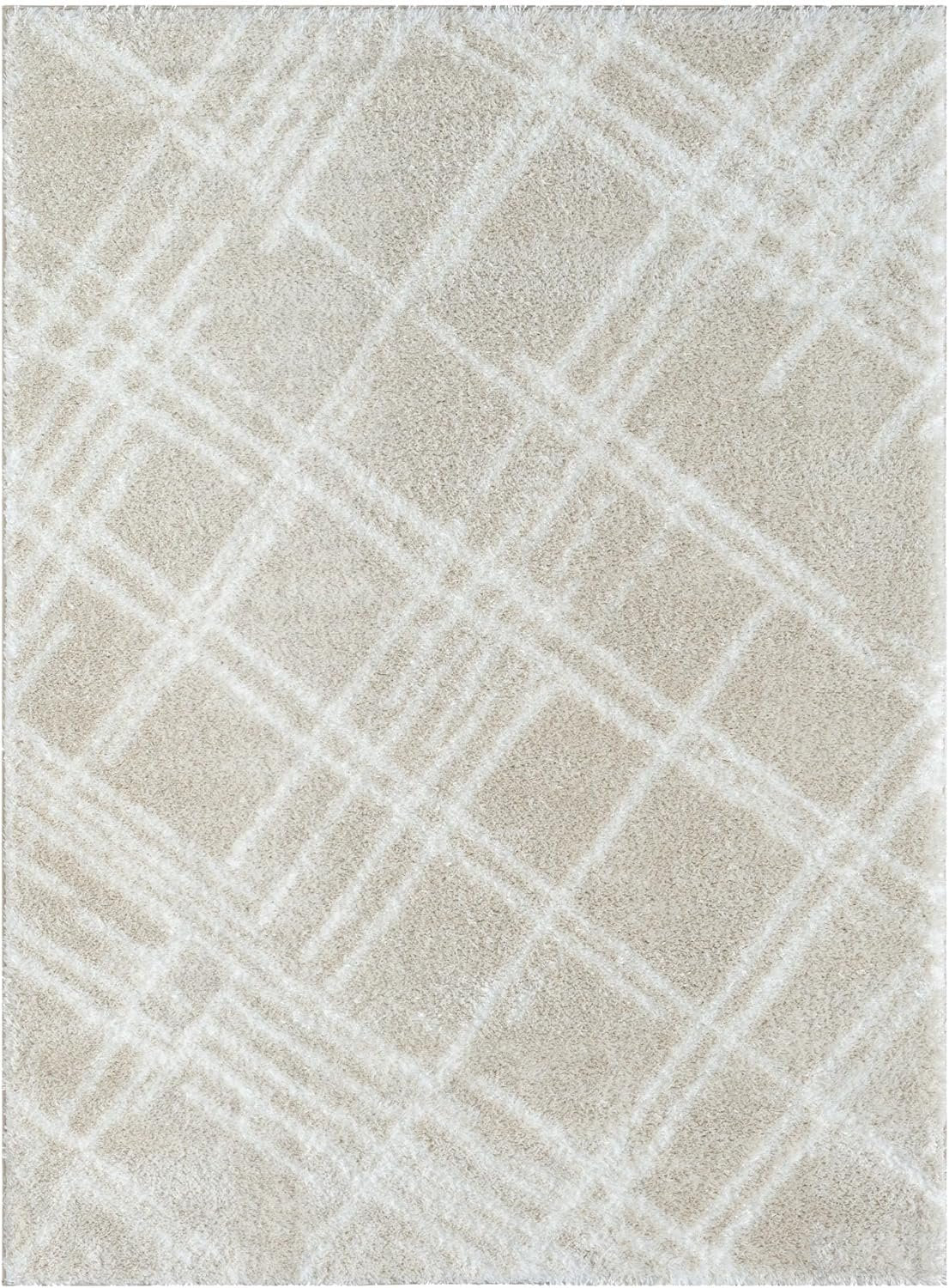 HR Chic Geometric Diamond-Patterned Shag Rug - Plush High-Pile Luxury Area Rug in Neutral Grey and White #26229