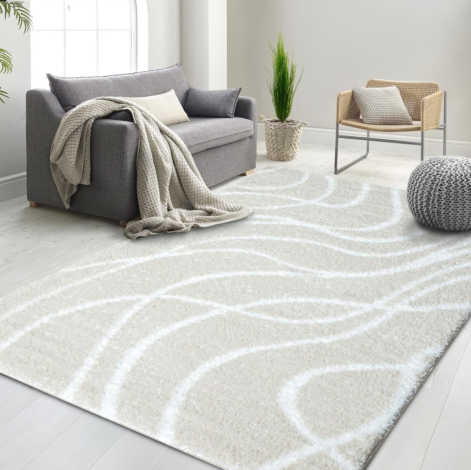 HR Plush Wave-Patterned Shag Rug, 1-Inch Thick Soft High Pile, Stain-Resistant Carpet for Living Room #26223