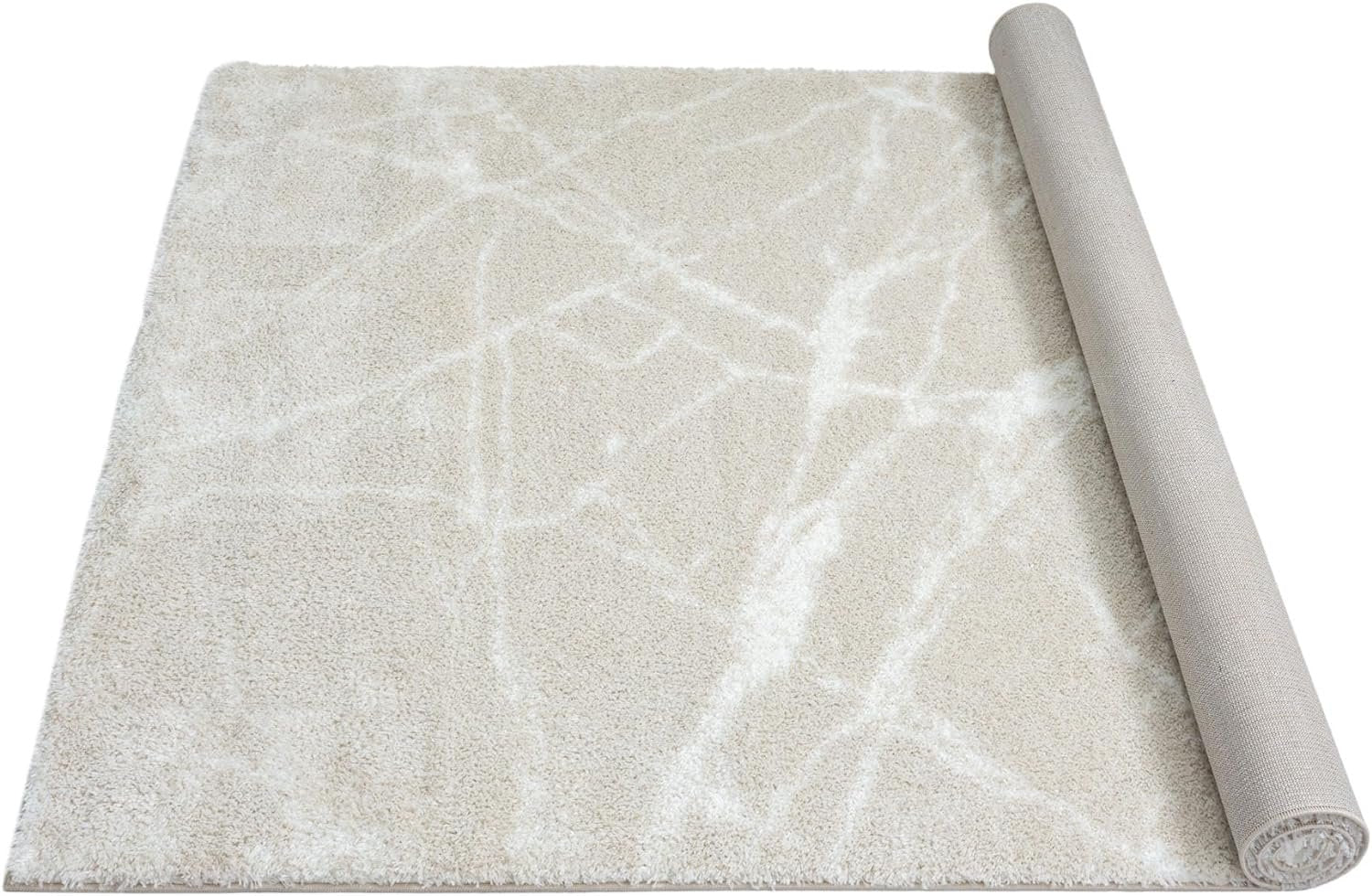 HR Ultra-Soft Cobalt Gold, Beige and White Shaggy Rug with Elegant Marble Pattern