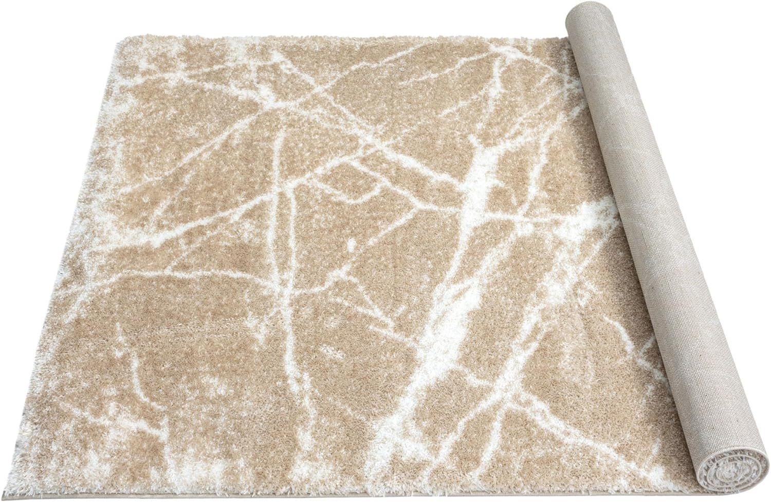 HR Ultra-Soft Cobalt Gold, Beige and White Shaggy Rug with Elegant Marble Pattern