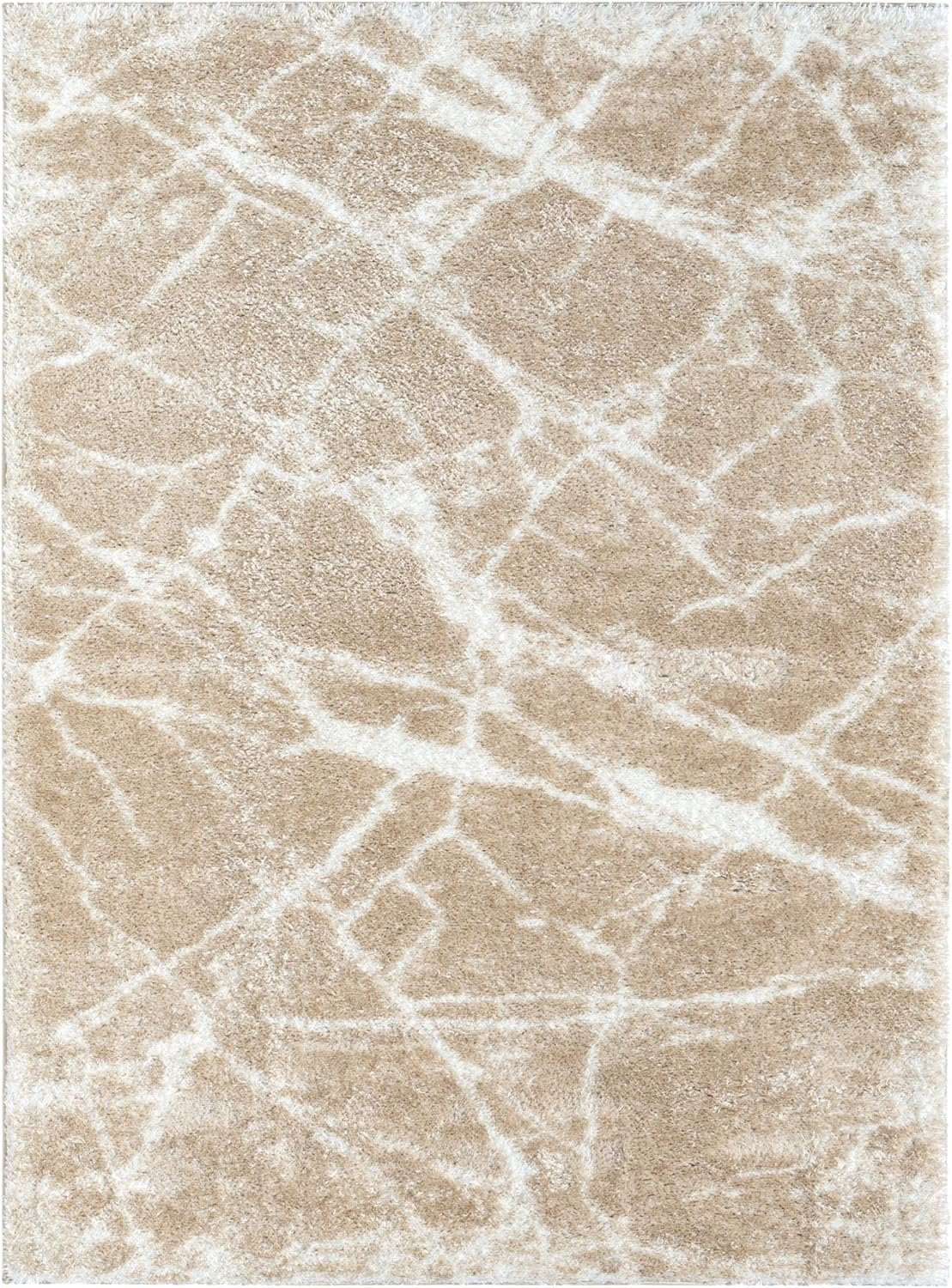 HR Ultra-Soft Cobalt Gold, Beige and White Shaggy Rug with Elegant Marble Pattern