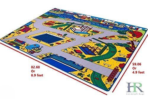 Road Mats by Handcraft Rugs-My Neighborhood Map/Blue/Grey and Multi color Anti Slip Rug / Car kids rugs Game Carpets for Kids Toy Kids learning rug Kids Floor Rug (Approximately 3 feet by 5 feet)