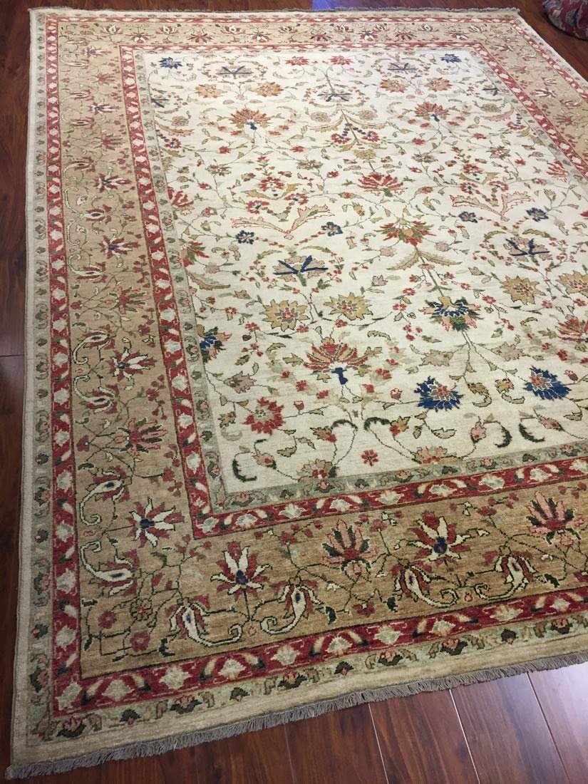 Authentic Handmade fine Pakistani Rug-Wool Allover/Floral Pattern-Beige/Multi-(8 by 10.3 Feet)