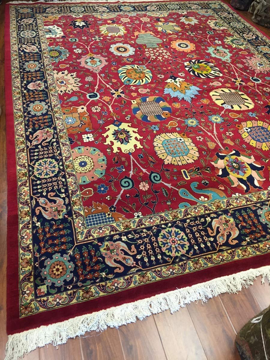 Hand Knotted Persian Tabriz Rug-Real Wool Allover Floral -Navy Blue/Red/Multi-(13 by 9.6 Feet)