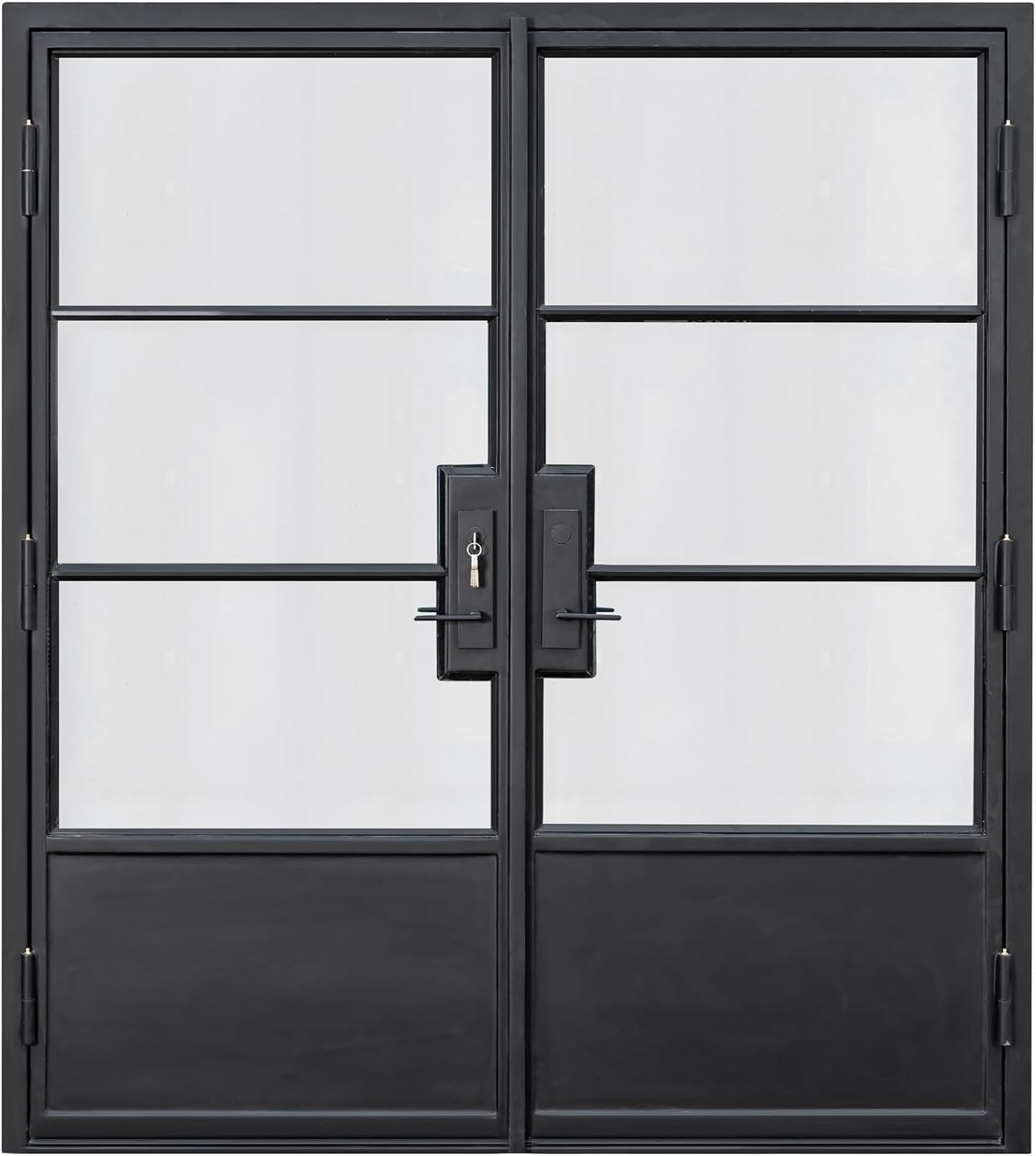 HR 72x81 Matte Black French Iron Double Door Made of Steel | 3-Lite with kickplate Left outswing Entryway | Complete with Handle and Lock | Modern Front View Design.