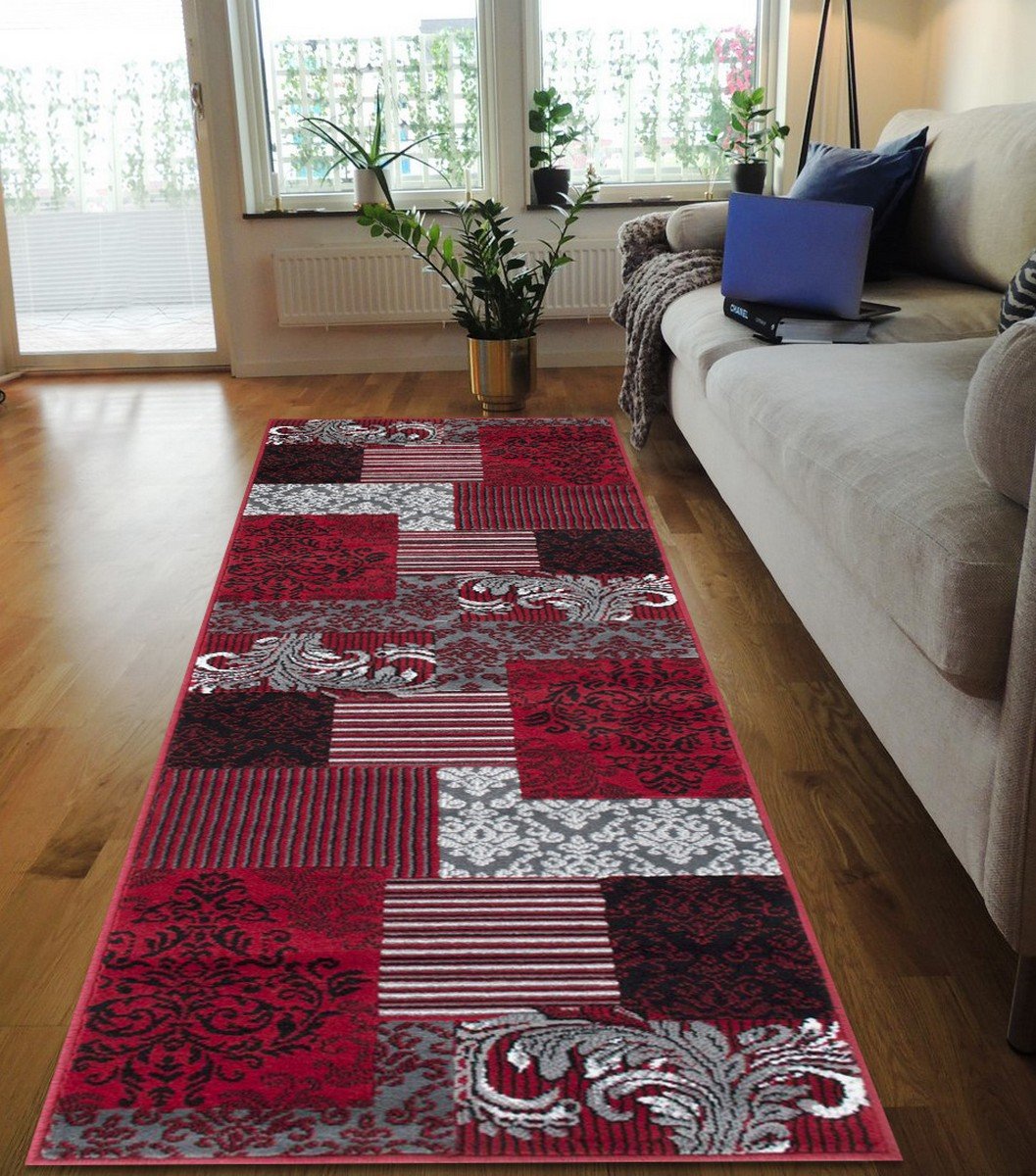 Red Gray Silver Black Abstract Area Rug Modernpatchwork Pattern Frloral (5' x 7')