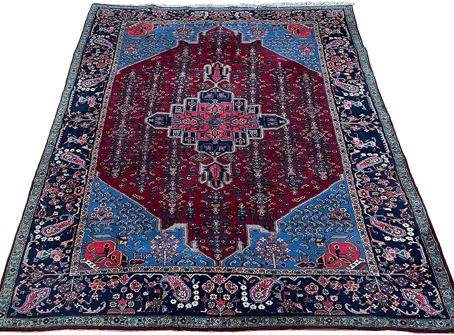 Authentic Handmade fine Turkish Rug-Real Wool Allover Floral Pattern Faded/Vintage-Red/Blue/Multocolor-(6.8" by 10.8")