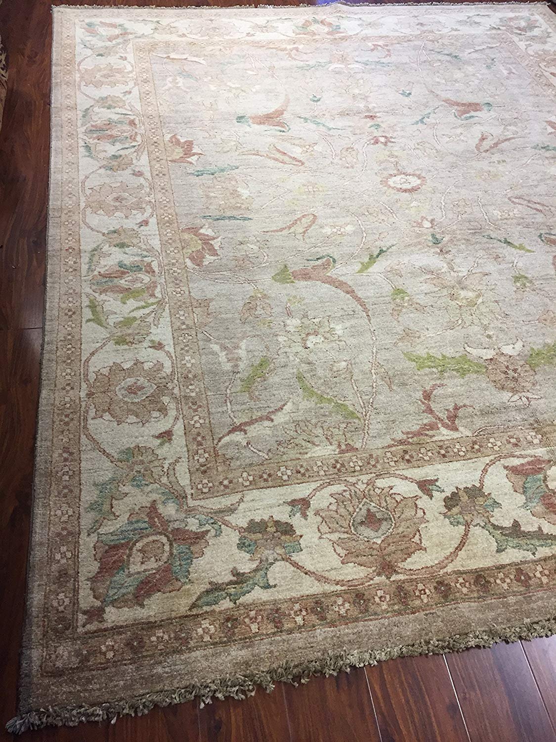 Authentic Handmade fine Pakistan Rug-Real Wool Allover Floral Pattern Faded/Vintage-Olive/Beige-(8.1 by 9.10 Feet)
