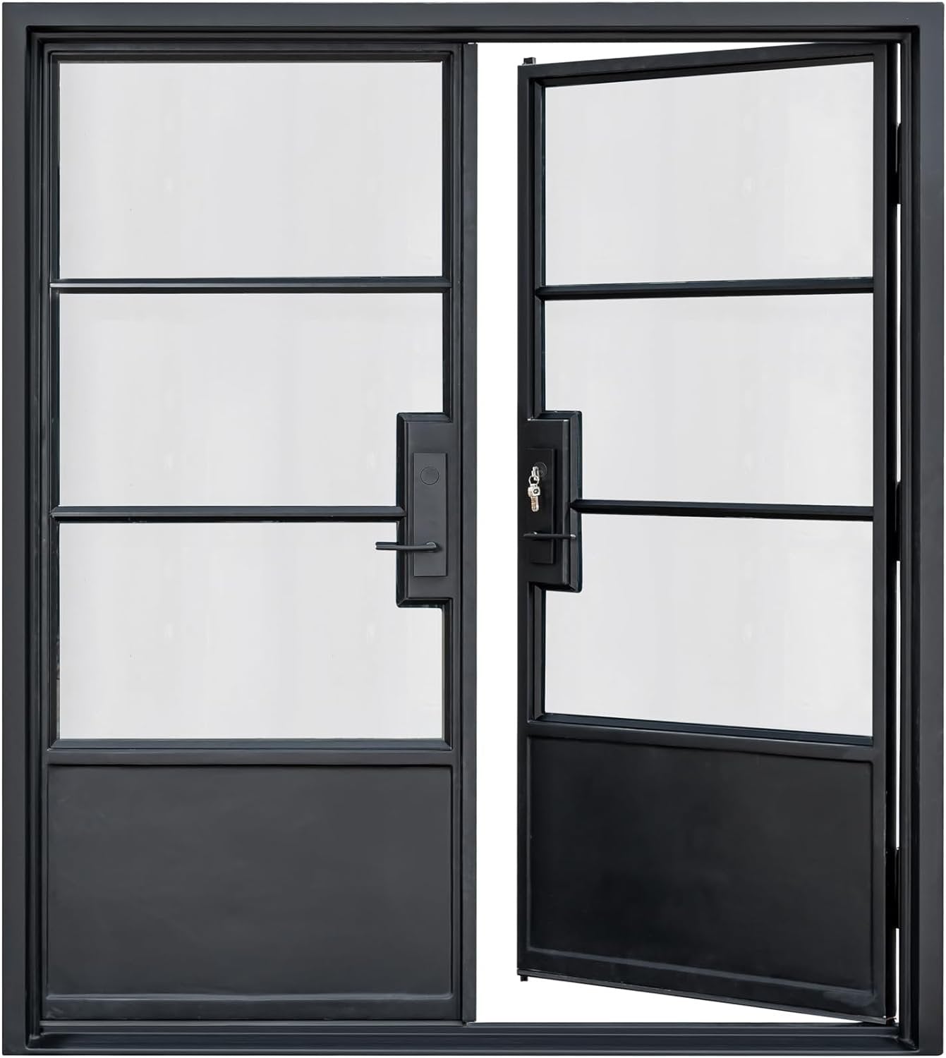 HR 72x81 Matte Black French Iron Double Door | 3-Lite Right Inswing Steel Entryway | Complete with Handle and Lock | Modern Front View Design.