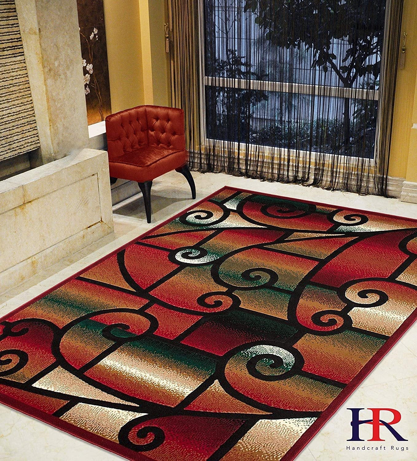 HR-Modern Contemporary Living Room Rugs-Abstract, Geometric Swirls Pattern-Red/Black/Sage/Beige/Multi (2'x7')