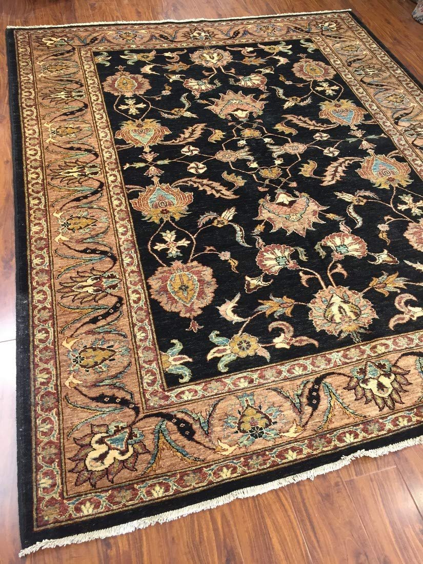Authentic Handmade fine Pakistani Rug-Wool Allover/Floral Pattern-Black/Gold/Multi-(7 by 8.8 Feet)