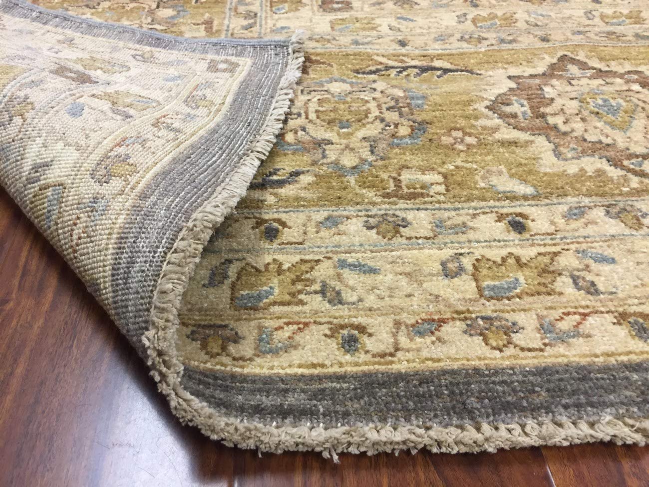 Authentic Hand-Knotted Pakistani Rug-Allover Floral-Olive/Gray-(11.10 by 14.9 Feet)