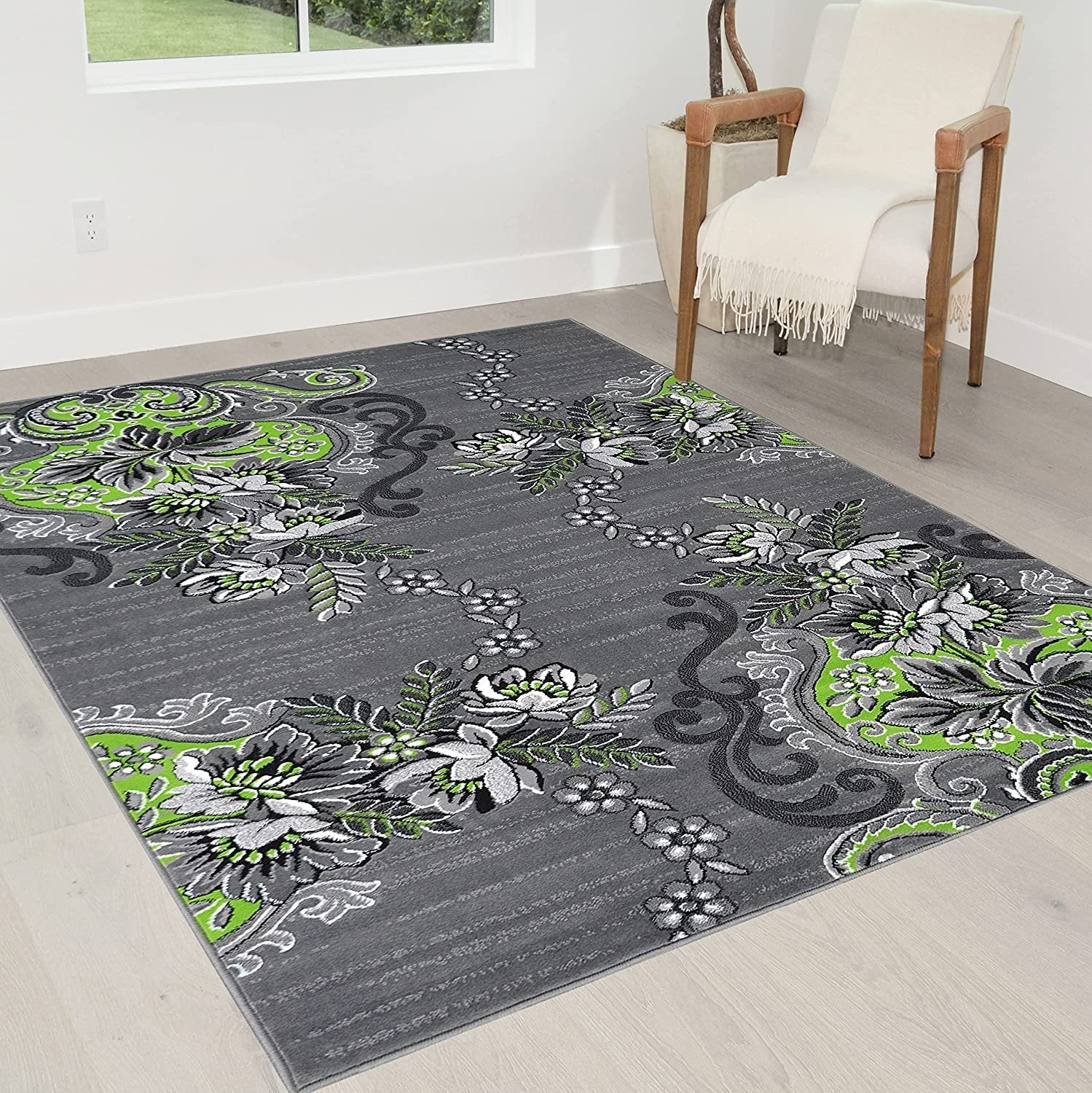 Electric Green /Grey/Silver/Black/Abstract Area Rug Floral