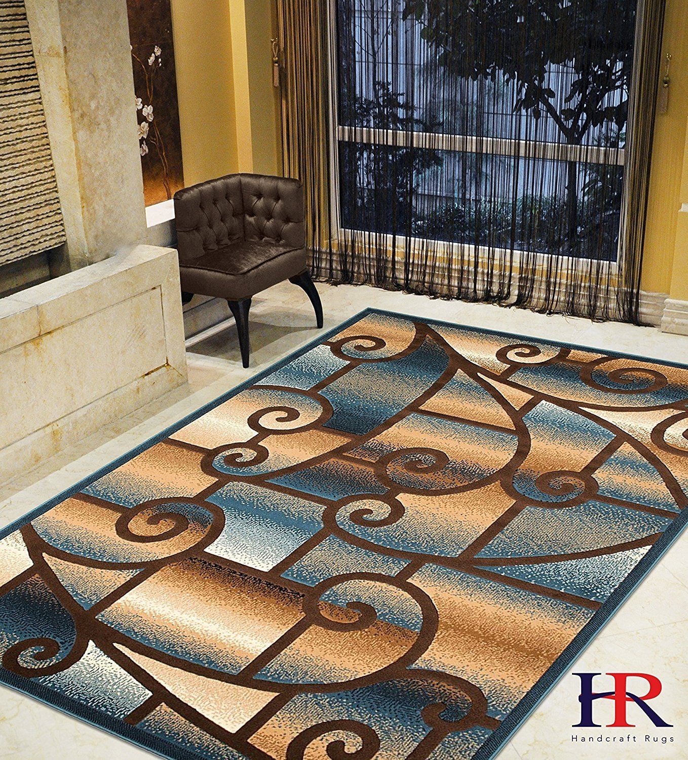 HR-Modern Living Room Rugs-Abstract Carpet with Geometric Swirls Pattern-Blue/Beige/Ivory/Chocolate (1'96"x 3'3")
