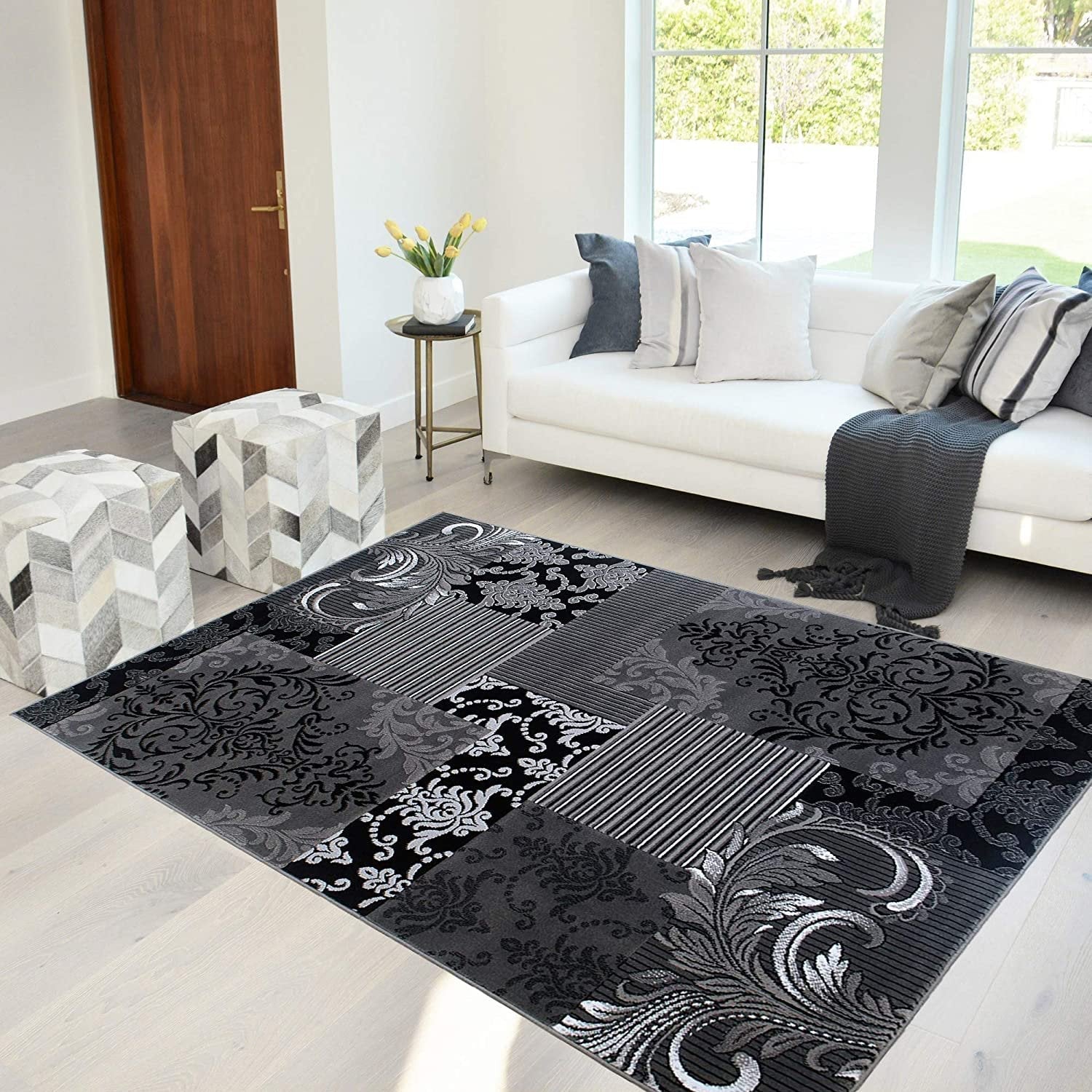Gray Silver Black Abstract Area Rug Modernpatchwork Pattern Frloral (5' x 7')