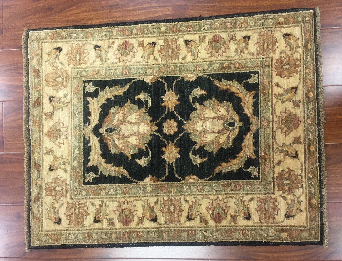 Hand Knotted Small Pakistani Rug Doormat- Ziegler Floral-Black/Beige-(2.3 by 2.10 Feet Front Doormat)