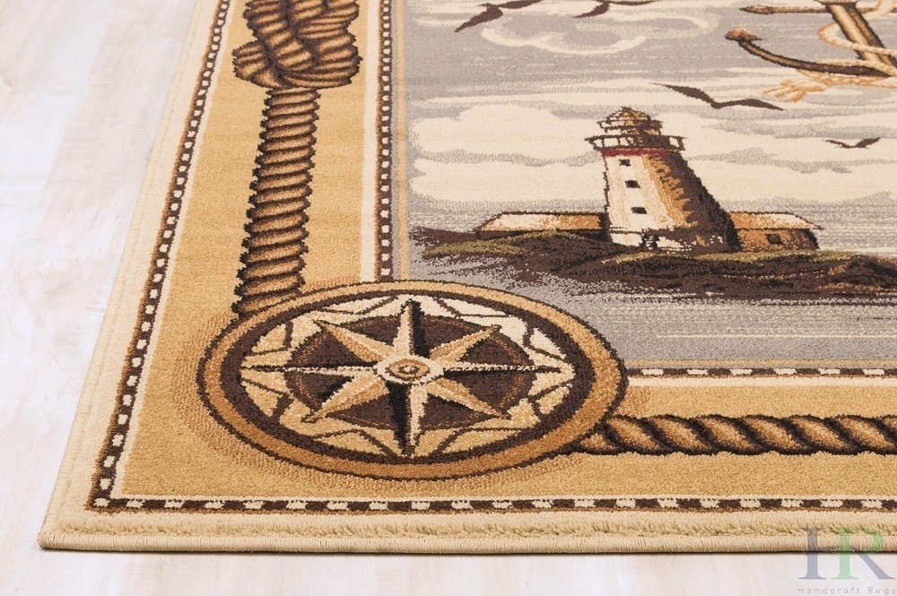 Lodge Cabin Sailing Accent Area Rug Modern Design Abstract Beige Lighthouse Anker Boats Size 2 By 3 Doormat