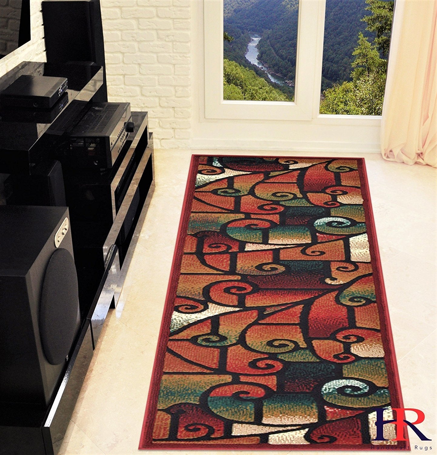 HR-Modern Contemporary Living Room Rugs-Abstract, Geometric Swirls Pattern-Red/Black/Sage/Beige/Multi (2'x7')